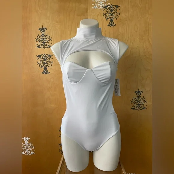 NWT High Neck One Piece Monokini Swimsuit Cut Out White Large - Picture 14 of 16